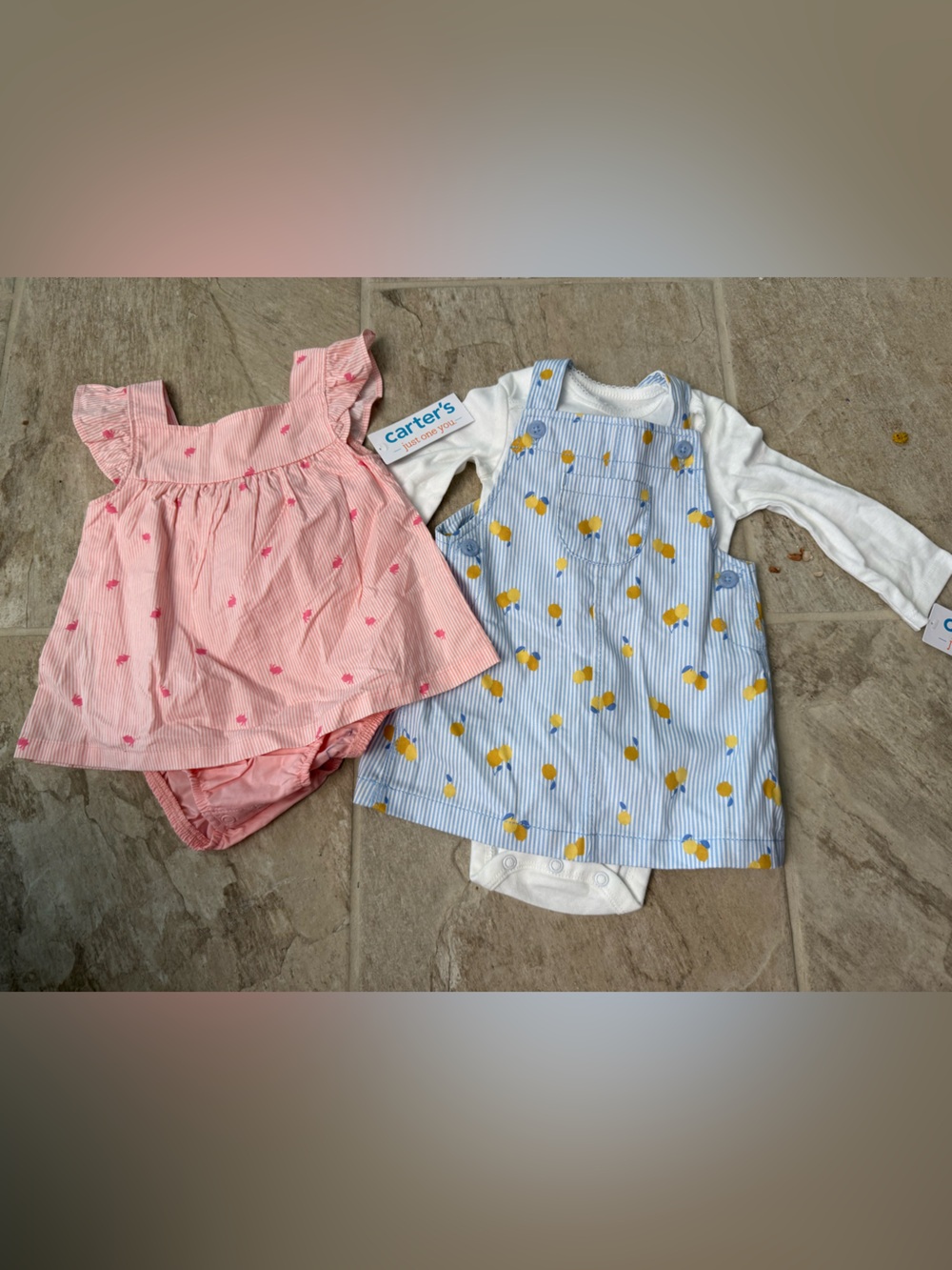 Carter's Pink Striped Baby Dress with Blue Lemon Overalls Set